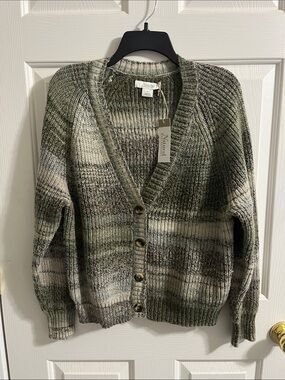 Margaret M Marled Olive-Green Button Front Cardigan